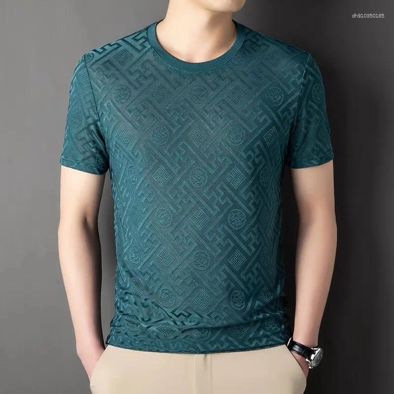 Men's T Shirts High End Brand Fashion Printed Short Sleeve T-shirt Men Summer Ice Silk Plaid Round Neck Casual Breathable Top