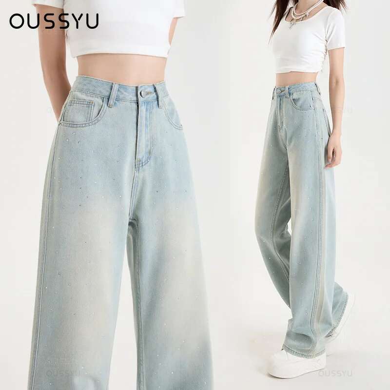 Woman Jeans High Waist Wide Leg Cotton Denim Clothing Dia Design Sense Straight Pants Comfort Casual Trousers Plus Length