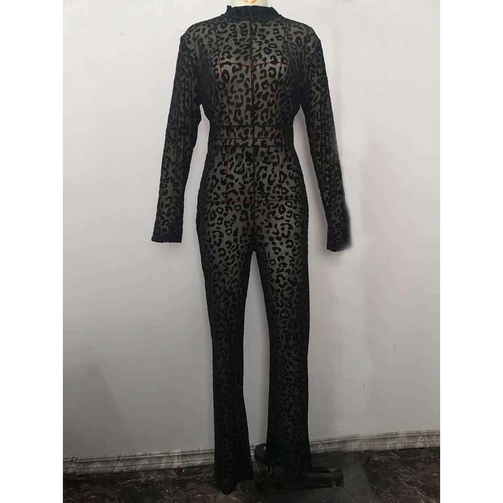 Sibybo Fashion Gauze Jumpsuits Sexy Leopard Print See Through Rompers Casual Basic Long Sleeves Wide Leg Pants Hot Girl Clothing KLMY