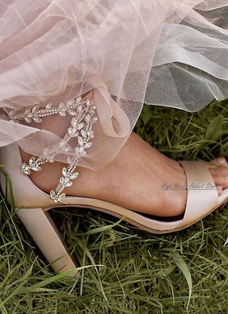 Wedding Crystal Satin Block Heel Sandals Women White Chunky High Heels Lace up Designer Bride Summer Elegant Comfy Shoes 250311