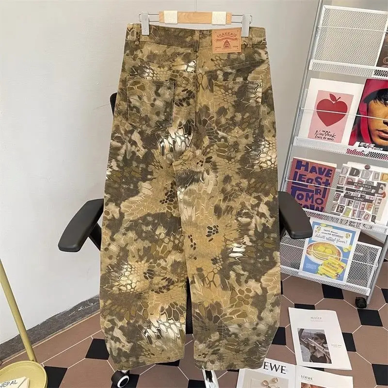 Gothic punk snake pattern camouflage wash bag jeans for men and women casual straight wide leg curved knife pants Harajuku streetwear 250306