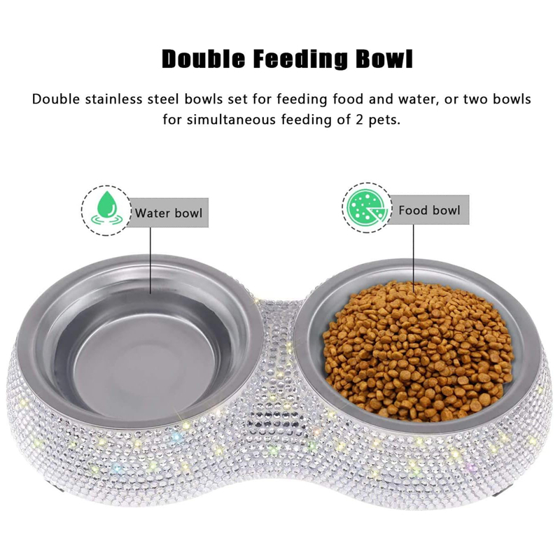 Small Cat Bowls, Handmade Bling Rhinestones Stainless Steel Pet Bowls Double Food Water Feeder for Puppy Cats Dogs Cats 320ML