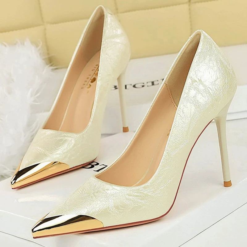 BIGTREE Shoes Women 9.5 cm silvery black white Wine Red Women Pumps Metal pointed tip High Heels Sexy party shoes stilettos 250306
