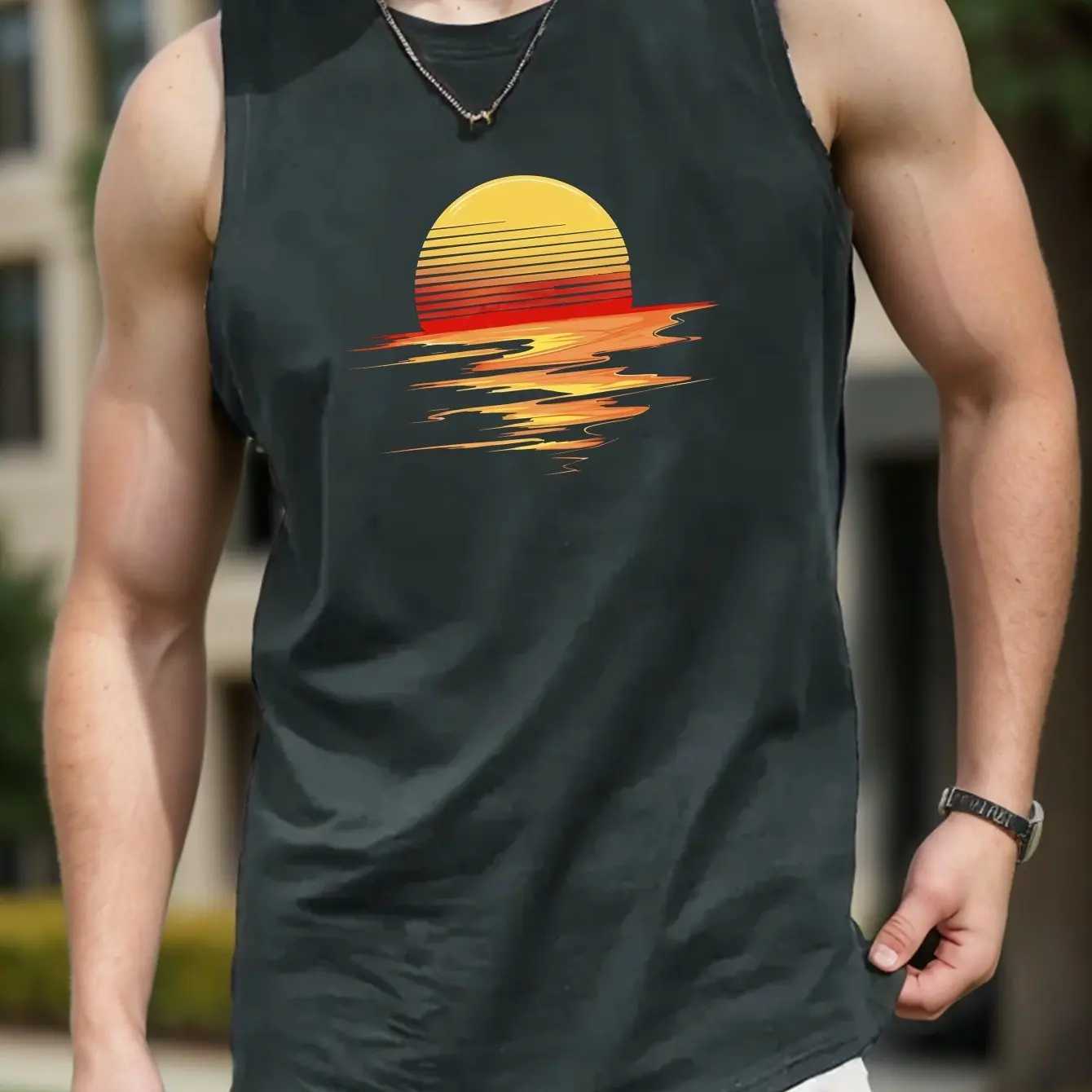 Summer New Mens Vest T-shirt Sun Sunset Print Round Neck Vest Daily Fitness Sports Comfortable And Breathable Daily Mens VestT250318