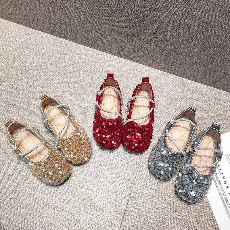 Kids Sequins Princess Shoes Crystal Fashion Ballet Flats Soft Sole Shallow Girls Shoes Rhinestone Party Wedding Children ShoesT250306
