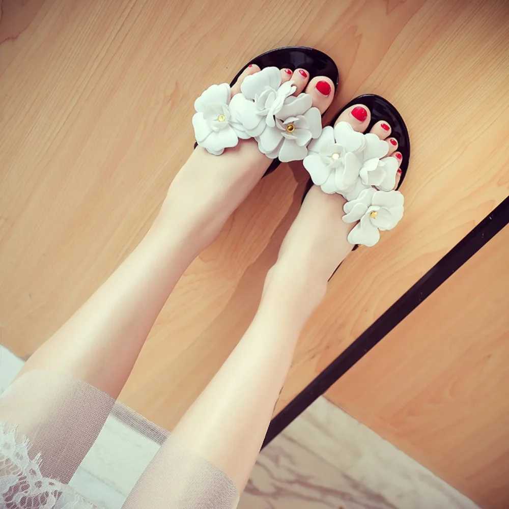 Flip Flops Wen Summer Flower Flip Flop Sandals Flat Bott Jelly Shoes Wens Flower Beach Shoes Flat Sandals Chanclas Y250306
