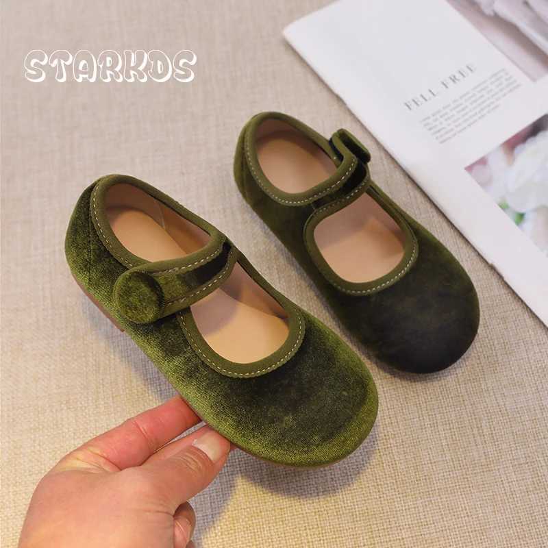 Cute Peach Pink Velvet Shoes Girls Vintage Green Velour Ballet Flats Baby Kids Spring New Soft Sole Luxury Mary JanesT250306