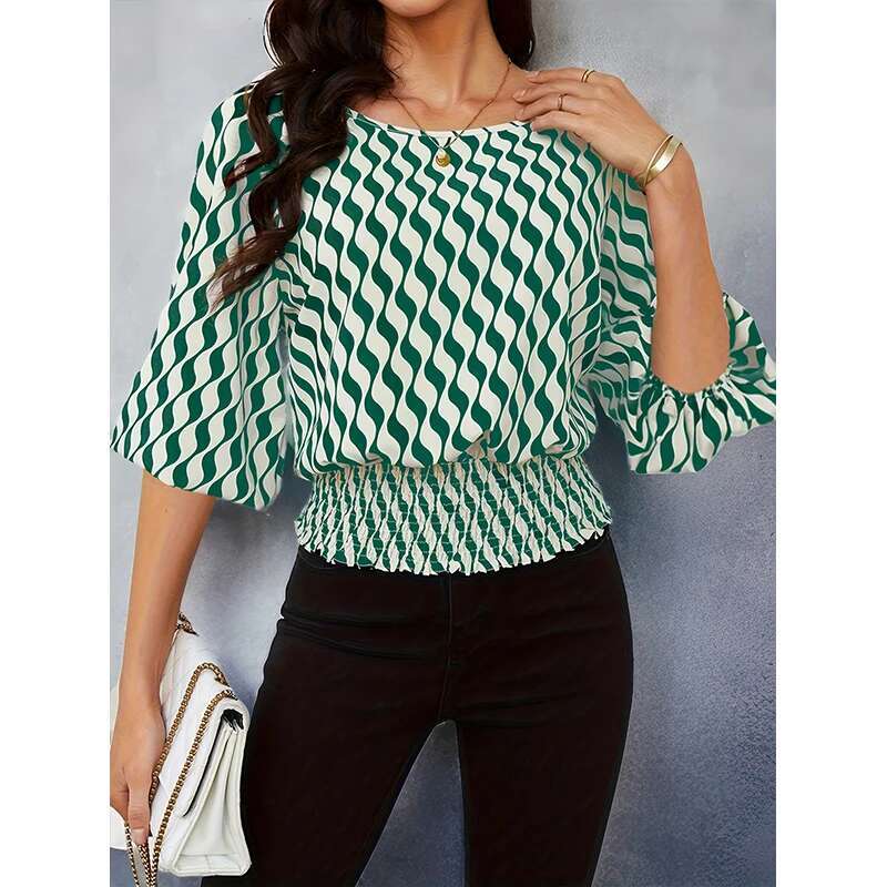 Women's Crew-Neck Print Sweet Little Fresh Seven-Point Sleeve Chiffon Shirt Top Breathable Casual Noble Commuter Dress