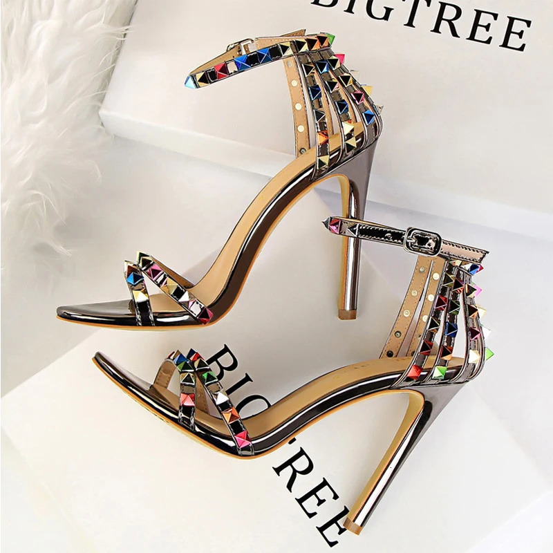 BIGTREE Shoes Color Rivets Women Sandals Roman Style Heeled Sandals Hollow Out High Heels Stiletto Sexy Party Shoes Sandals 250306