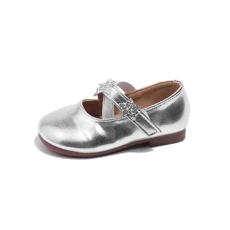 Little Girl Leather Shoes Gold Silver Versatile Kids Fashion Princess Shiny Flat Shoes Soft Bottom Children Simple Causal ShoesT250306