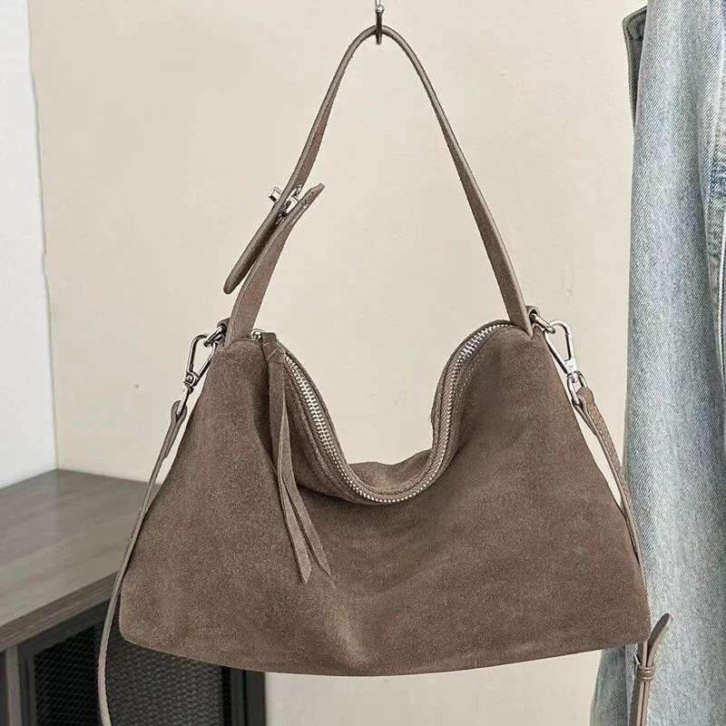 TBFG Women's Leather Handbag, Boston Style Shoulder Bag, Gray Brown, Soft, Fashionable, Suitable For Autumn And Winter