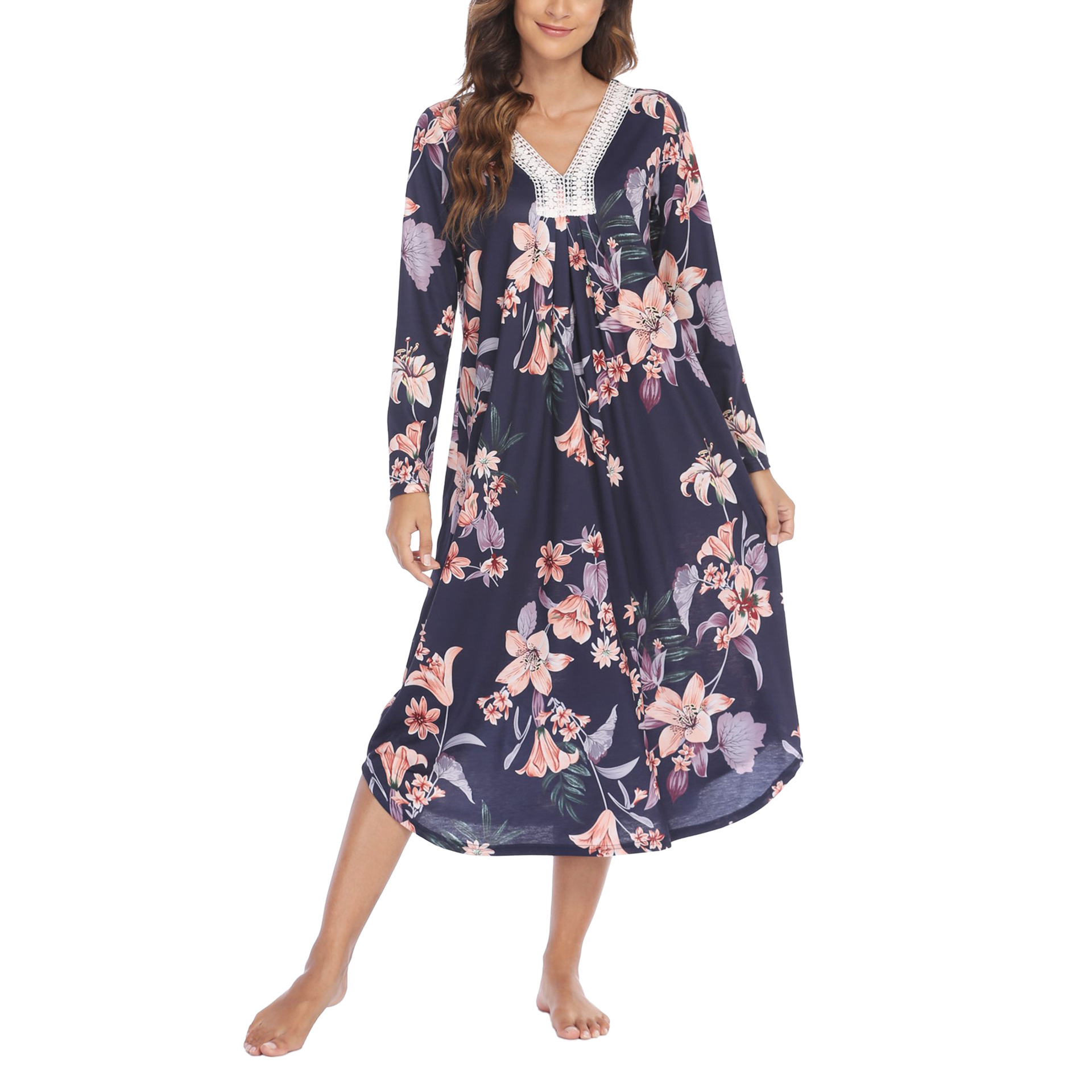 X147-Winter beauty ladies nightdress imitation cotton printed lace splicing V-neck long-sleeved long dress home clothes pajamas women