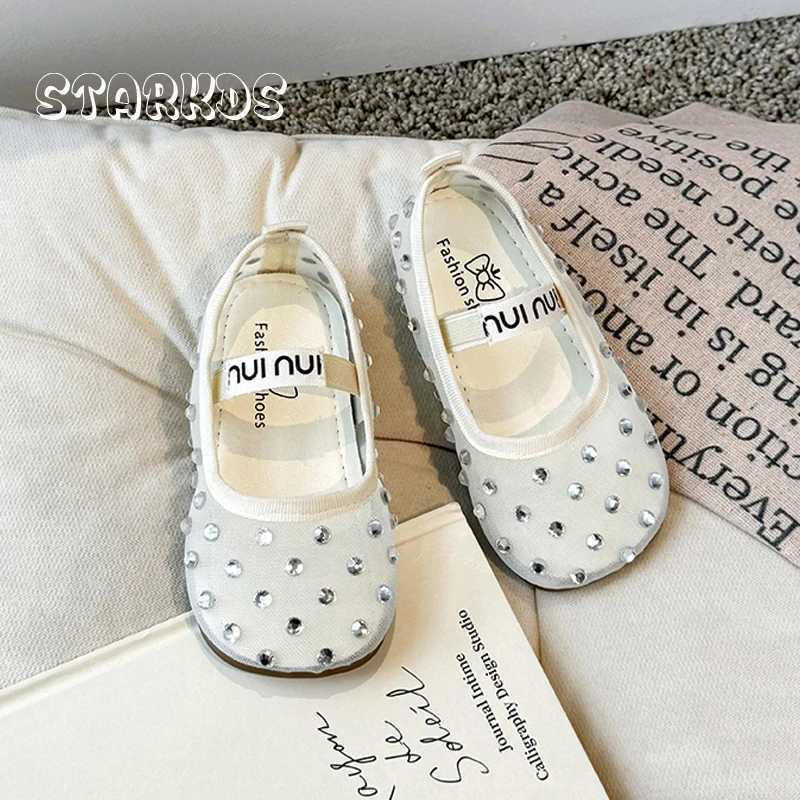 Summer Breathable Lace Mesh Ballet Flats Kid Girls Luxury Brand Design Crystal Stud Net Ballerina Shoes Baby Child Bling ZapatosT250306