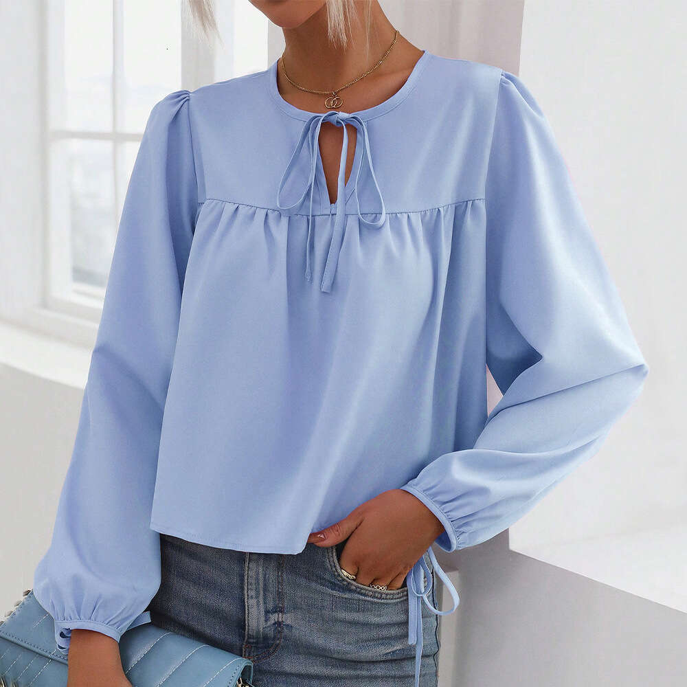 Women's Clothing Autumn And Winter Round Neck Lace Up Bubble Sleeves Loose Casual Temperament Women's Pullover Top KLMY