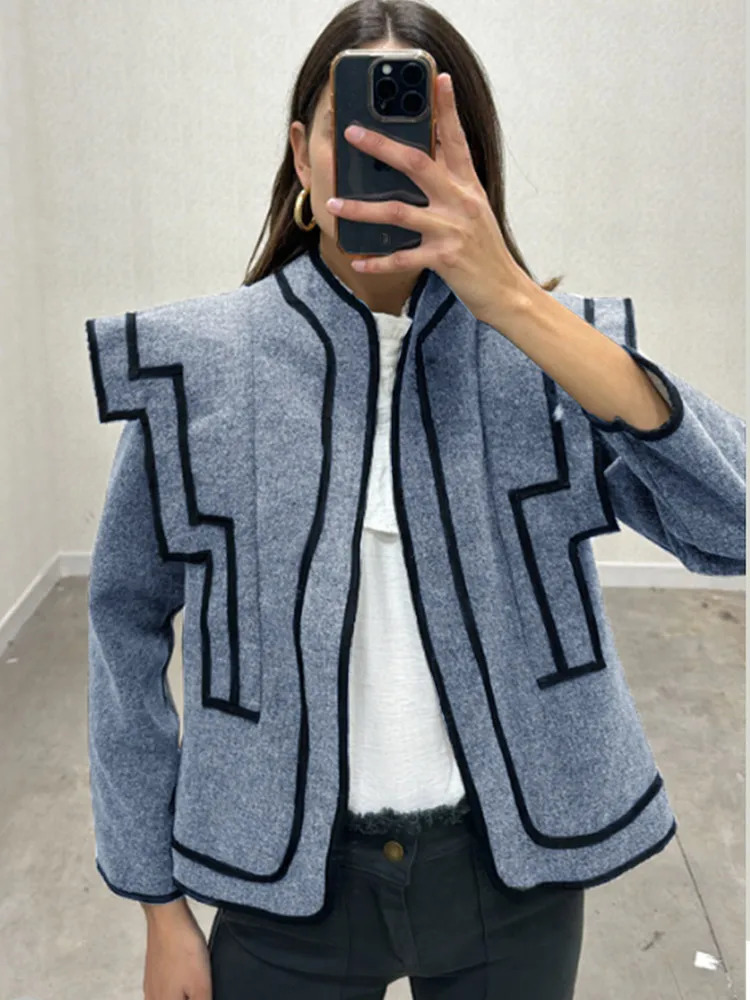 Elegant Grey Irregular Shoulder Womans Short Jacket Fashion Long Sleeve O Neck Coats Lady Spring High Street Outwear 250306