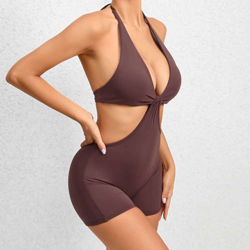 New Pad Halter Deep V Neck Clothes Dance Sport Elastic Hollow Bodywork Bodybuilding Yoga One-Piece Pants KLMY