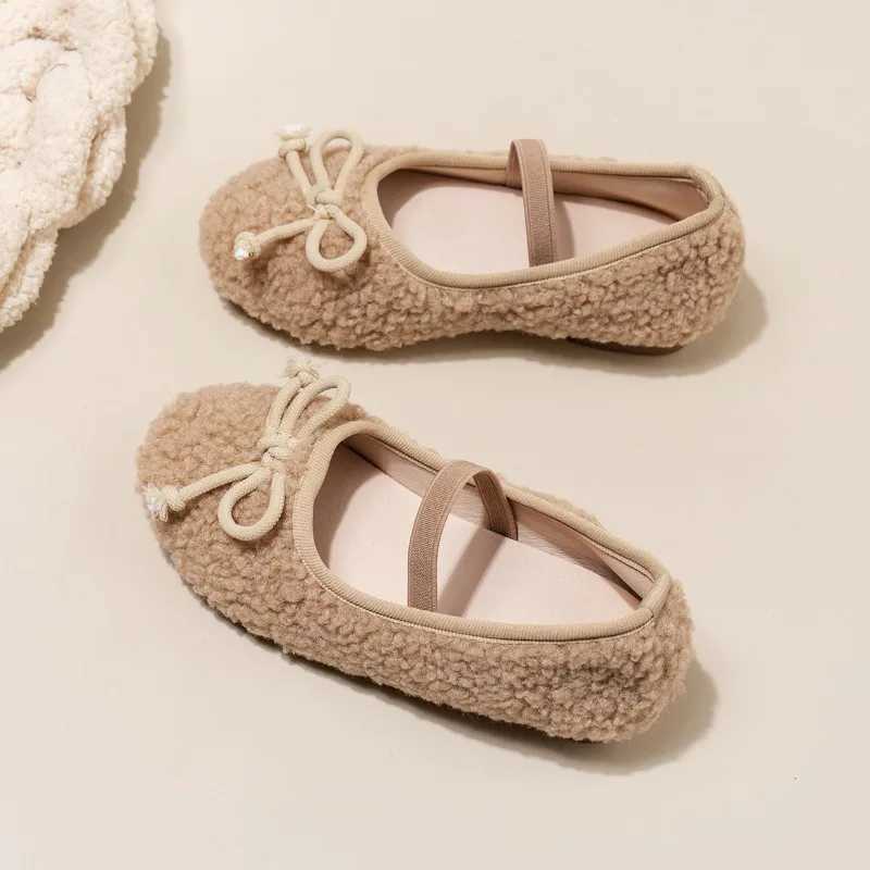 Bowknot Lambswool Ballet Flats Kid Girl Winter Warm Teddy Fur Ballerina Shoes Child Cosy Plush Shallow Loafers with Elastic BandT250306