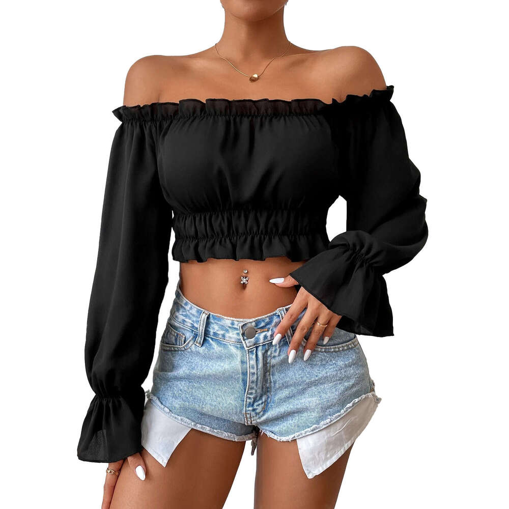 Autumn Sexy Casual Home Collection Waist With Wooden Leaf Edges, Long Sleeve Women's Shirt Top KLMY