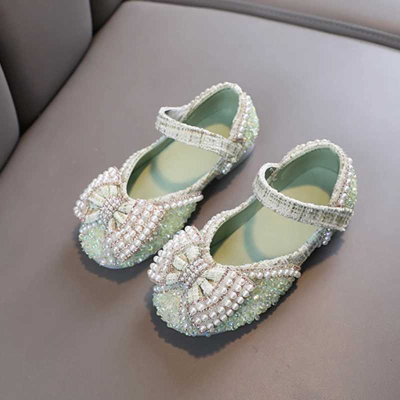 Elegant Girls Princess Shoes Beading Bowknot Four Colors Children Mary Janes Sweet Party 21-36 Beautiful Fashion Kids Flat ShoeT250306