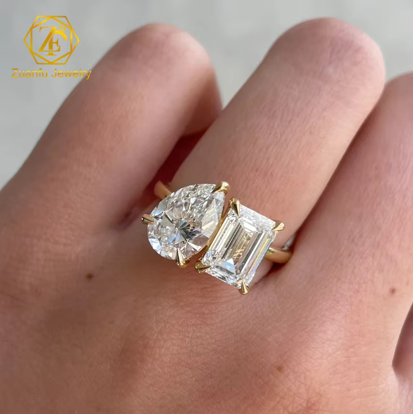 Yellow Gold 14K D+ Color FL Pear and Emerald Diamond Stone 2CT 3CT Toi Et Moi Double Setting Moissanite Wedding Ring for Women