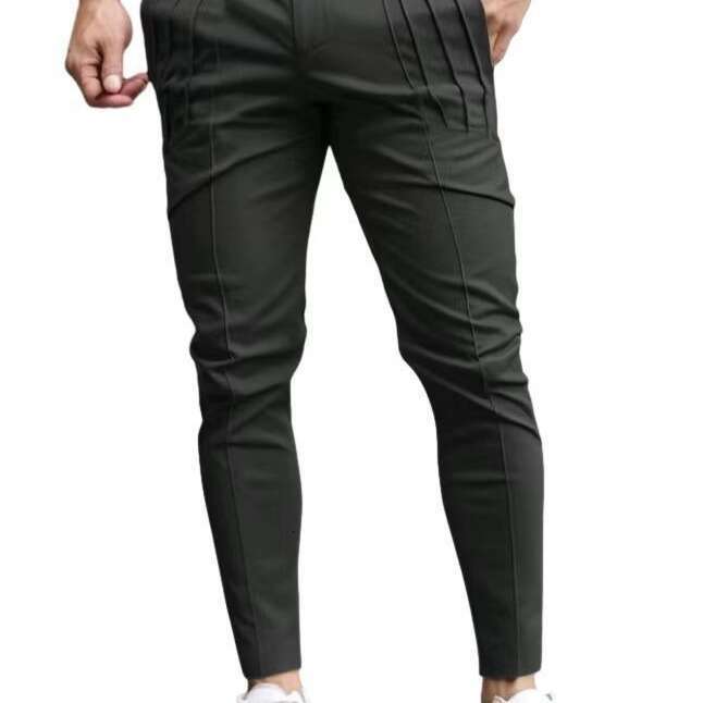 European and American hot selg men's solid color tight pocket zipper casual slim fit small leg pants 2025 temperament versatile new trend clothin