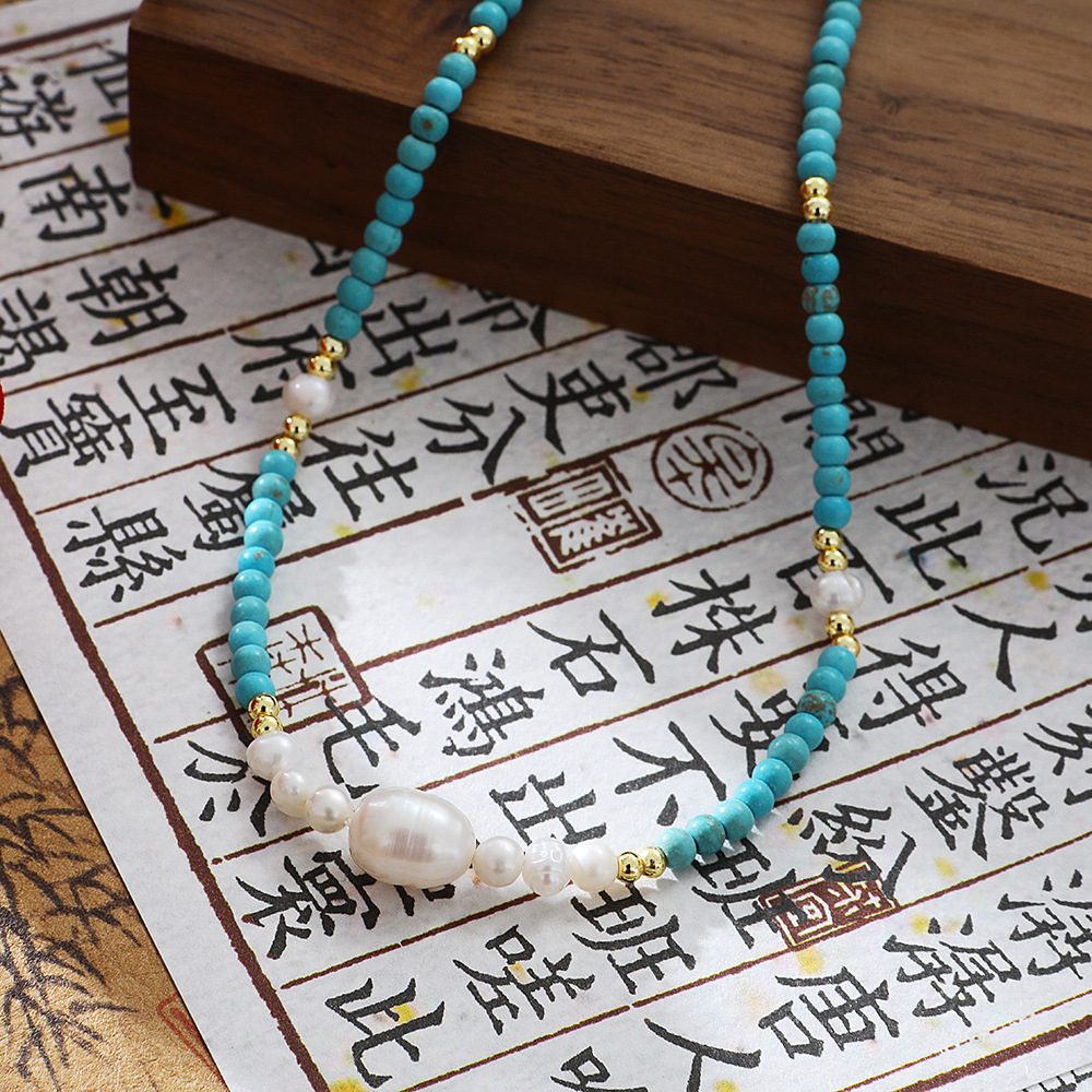 Ins Retro Turquoise Fresh Water Pearl Beaded Necklace Women's Fashion High Sense Simple Choker Collarbone Chain Jewelry