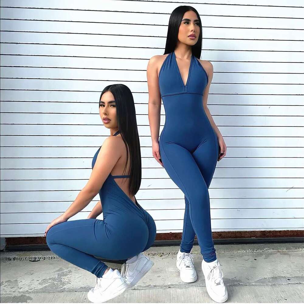 New Pad Nylon V Back One Piece Jumpsuit Skinny Yoga Set Scrunch Pant Breathable Women Wrinkle Peach Hip Exercise Workout Active KLMY