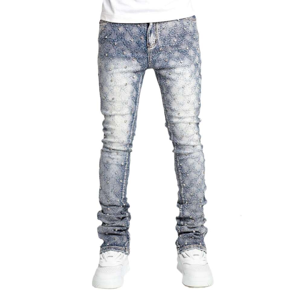Men's personality straight leg European and American Instagram hot item elastic pearl denim layered men's pants 2025 new casual versatile fa