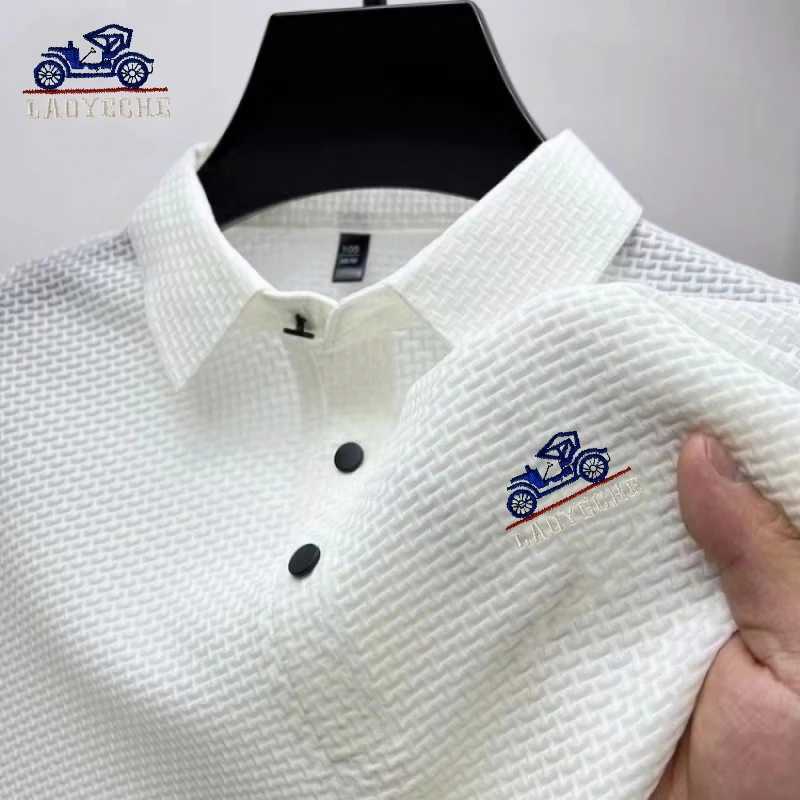 Summer mens high-quality embroidered ice silk elastic polo shirt new fashionable and casual multifunctional top X250306