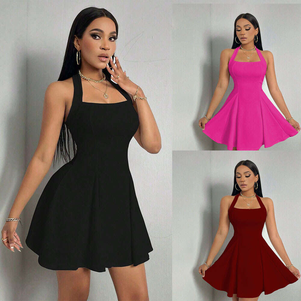 Y2k Ins New Women's Sexy Hanging Neck, Open Back, Waist, A-Line Large Swing Short Dress KLMY