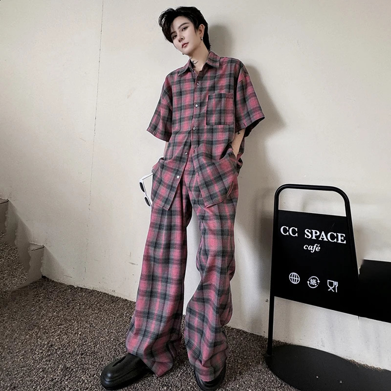 LUZHEN Stylish Detachable Sleeve Plaid Printed Two-piece Sets Trendy Loose Straight Pants Mens Shirts LZ2424 250303