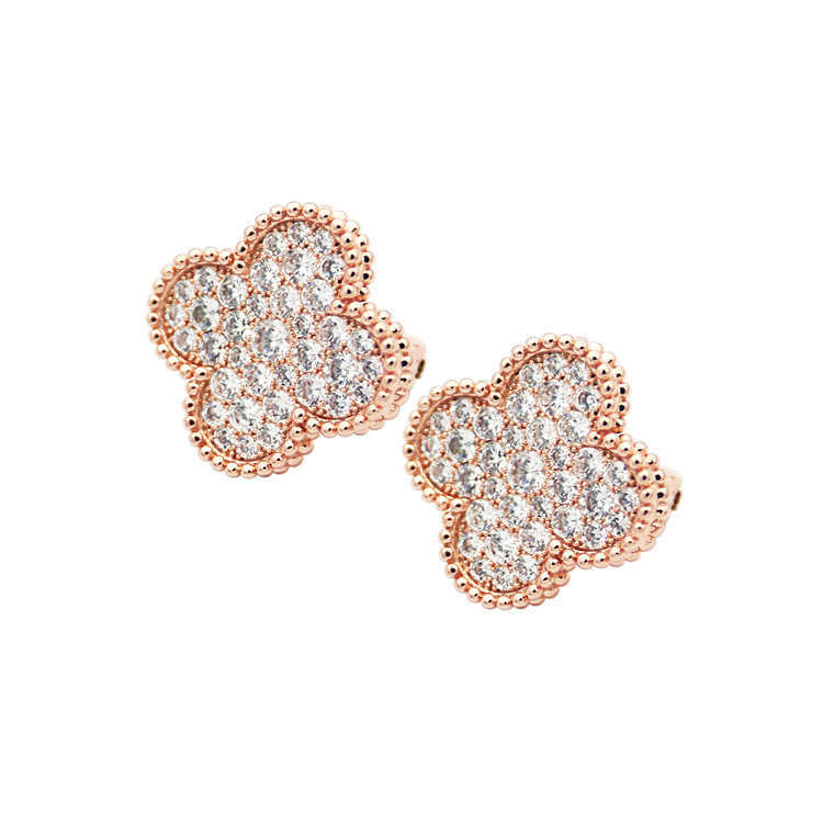 Dangle Chandelier Large Four Leaf Flower Full Diamond Ear Clap Asian Gold Earrings H250306