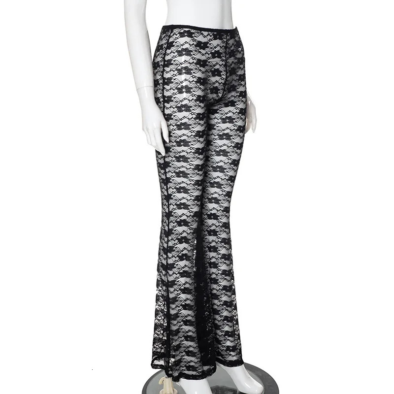 fashion floral lace pants with Versatile high elasticity and sexy perspective casual glitter 250306