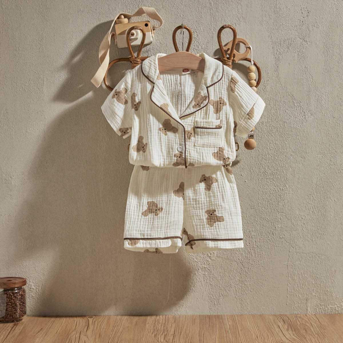 EWODOS 1-6 Years Toddler Baby Kids Unisex Casual Pajama Suit Cartoon Bear Print Long Sleeve Front Pocket Lapel Tops+ Long Pants M250306