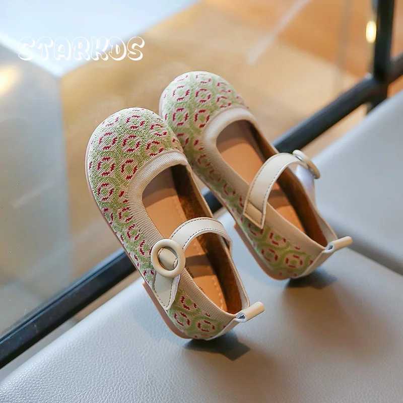 Vintage Green Jacquard Shoes Girls Breathable Knitted Ballet Flats Baby Kids Retro Elegant Floral Mary Jane Loafer ZapatosT250306