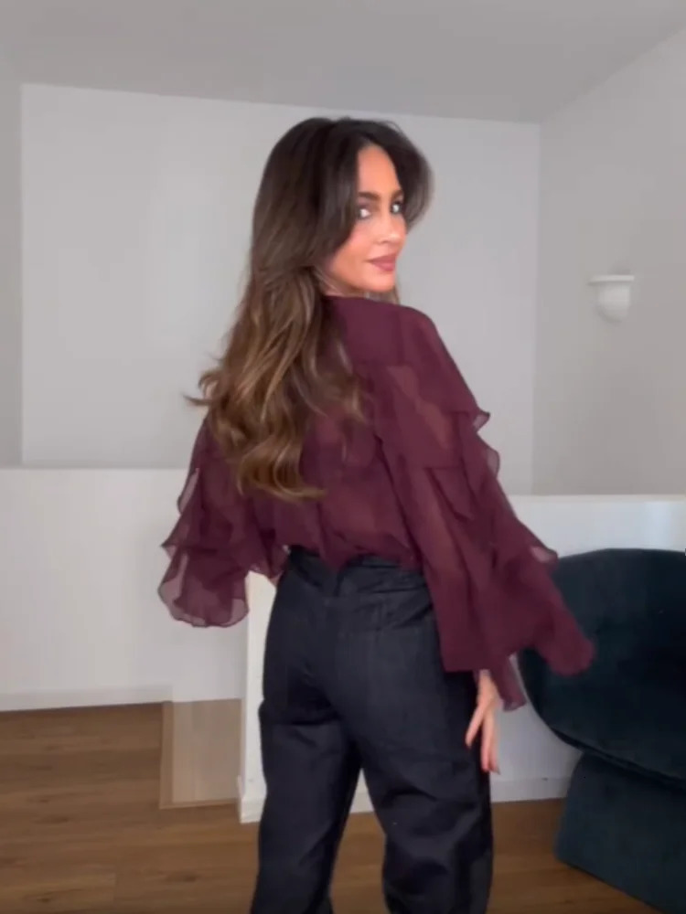 Fashionable womens multilayer pleated shirt sexy See Through Vneck long sleeved single chest Tshirt Spring solid top 250306