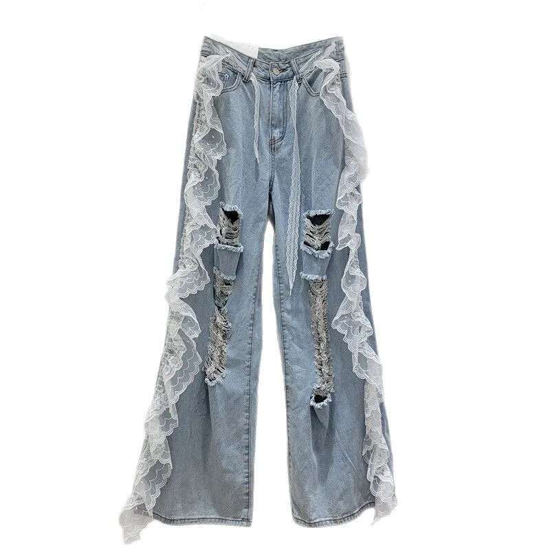 DEAT Women's Fashion Straight Broken Holes Denim Pants Spring New Female Long Wide Leg Lace Wer Edge Jeans Trendy 11A03111