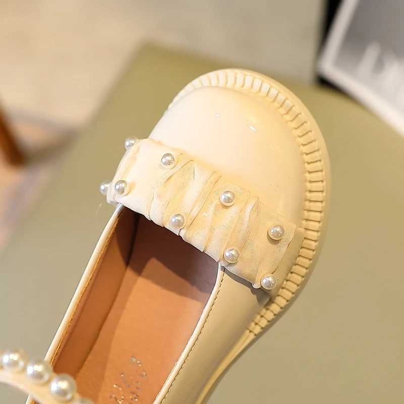 Children Mary Janes Back Riband Ankle Strap Sweet Girls Leather Shoes Round Toe Beading Lovely 26-36 Fashion Kids Autumn ShoesT250306