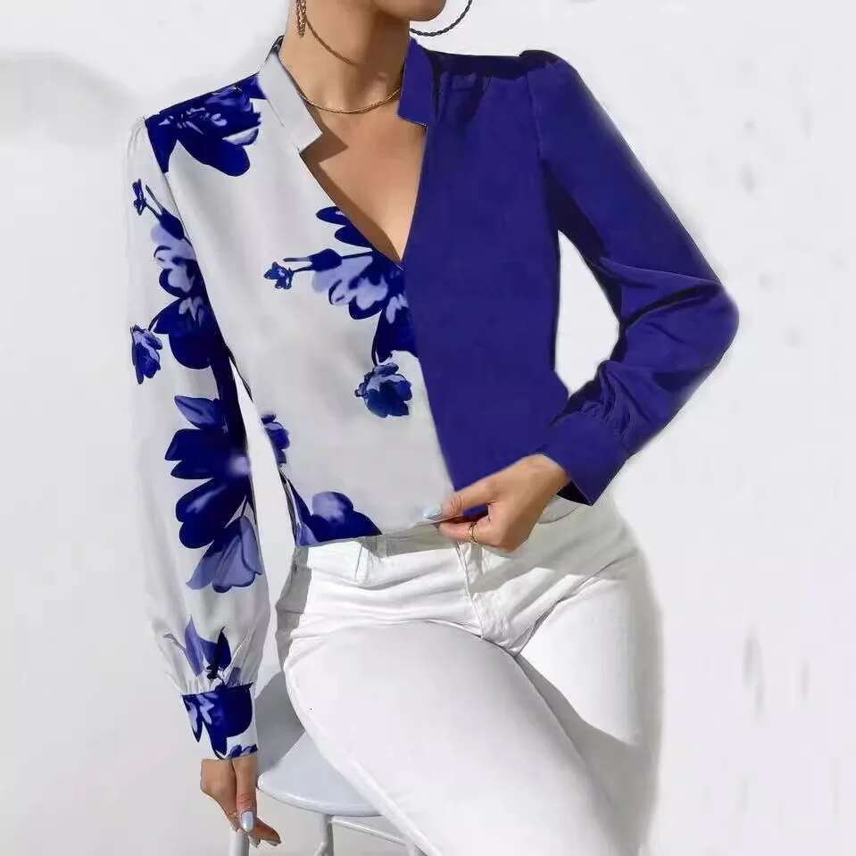 Long Sleeve Blue Wer Print Women 2024 Spring And Autumn Ladies Tops Elegant Work Office Casual Shirt Blouse