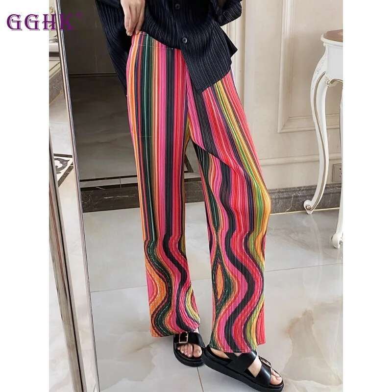 GGHK Pleated Women Casual Straight Leg Striped Printed Design Loose Stretch Fashion Hundred Female Pants 2025 Spring New
