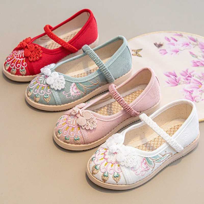 3-18y Girls Embroider Shoes Spring Autumn Children Flats Kids Old Beijing Cloth Shoes Casual Toddler Soft Chinese Style LoafersT250306