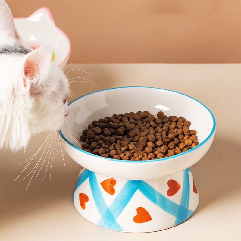 Ceramic Raised Cat Bowl, Tilted Raised Bowl Anti Vomit Cat Bowls for Indoor Cats Whisker Friendly Pet Feeder for Cats Puppies, Microwave and Dishwashe