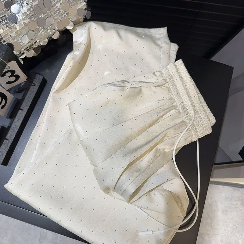 Lucys highquality y all rhinestone straight pants for women fashionable high waisted loose wide leg Trouser solid casual 250306