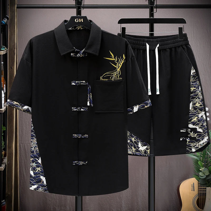 Summer Sets Men Fashion Print Short Sleeved Shirt Shorts Twopiece Chinese style Loose Set Mens 250305