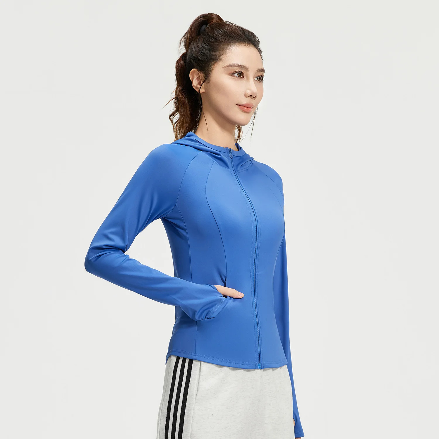 #3432 Black Blue Beige Brown Hooded Jacket Women Slim High Stretch Thin Short Zipper Tight Outerwear Coat Spring Summer 250306