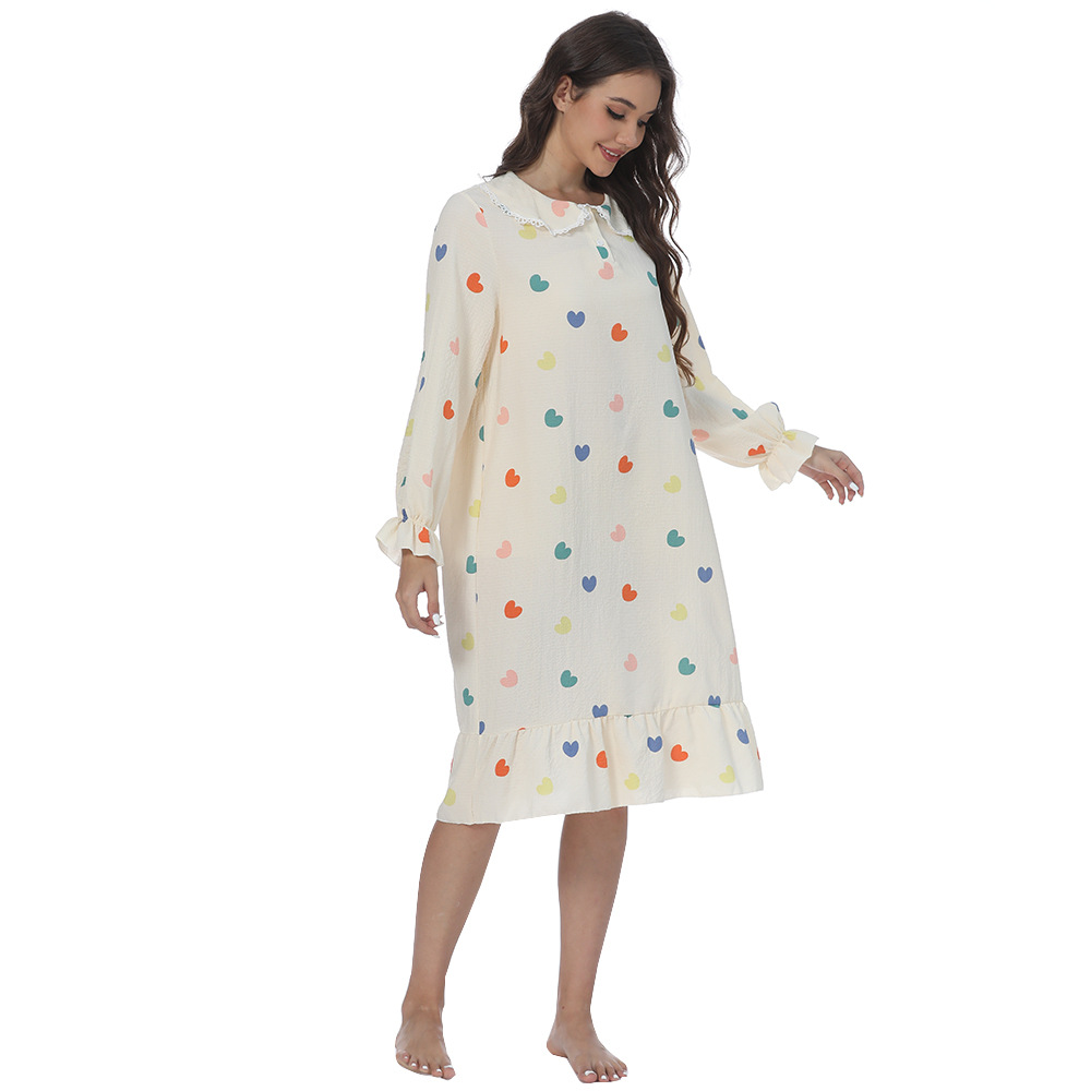 B756-Women's pajamas spring and autumn new long sleeves sweet ruffles colorful love round neck outer wear home clothes nightdress