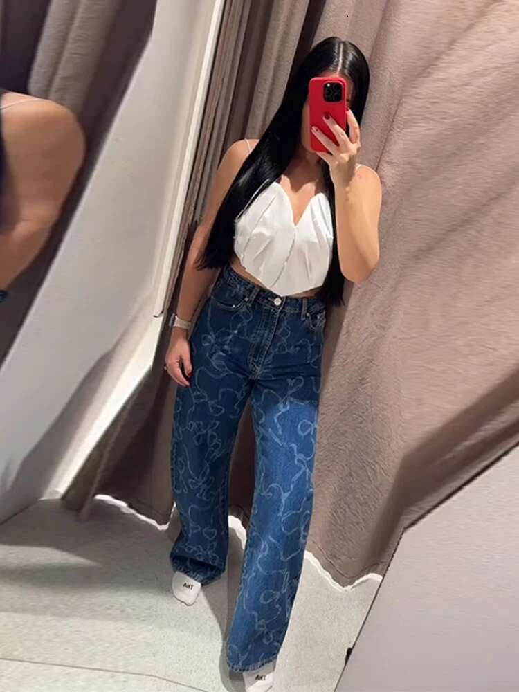 Street Print Panelled Jeans Women Y2k Wide Leg Zippers Button Pocket Female Pants 2025 Spring Summer New Urban Lady Trousers