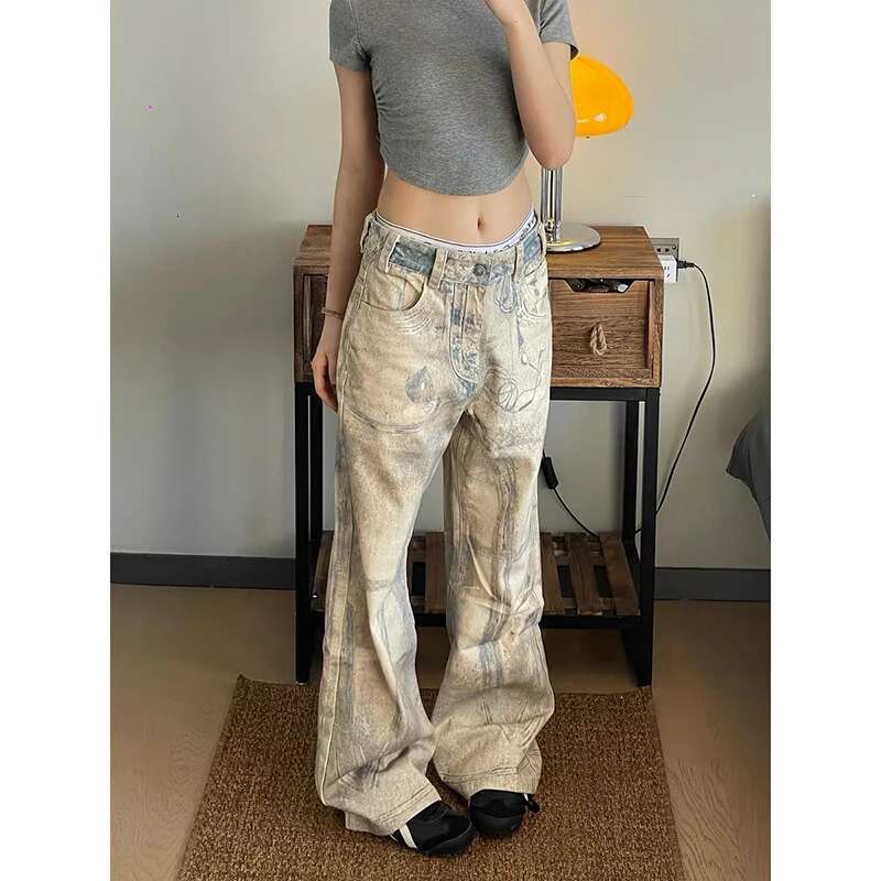 Women's Graphic Print Jeans Baggy Haruku Y2k Aesthetic Oversize Denim Trousers Korean Jean Pants Vintage 2000S Trashy Clothes