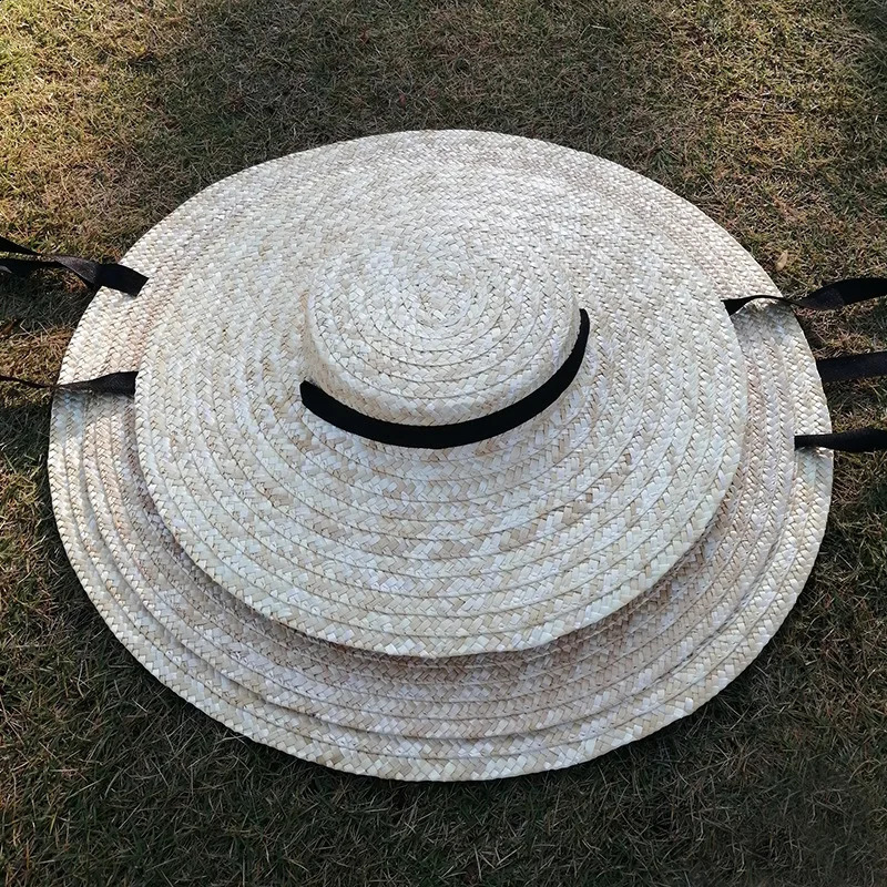 Summer Big Natural Straw Hats For Women Handmand Wide Brim Beach Visor Caps Elegant Flat Top Long Ribbon Lace-Up Sun Hat 250303