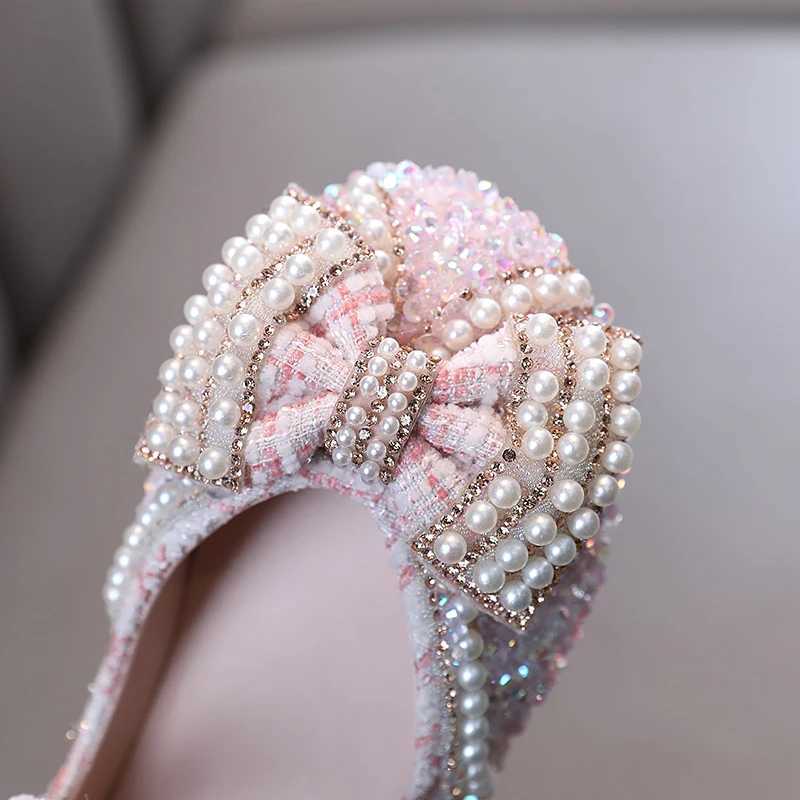 Elegant Girls Princess Shoes Beading Bowknot Four Colors Children Mary Janes Sweet Party 21-36 Beautiful Fashion Kids Flat ShoeT250306